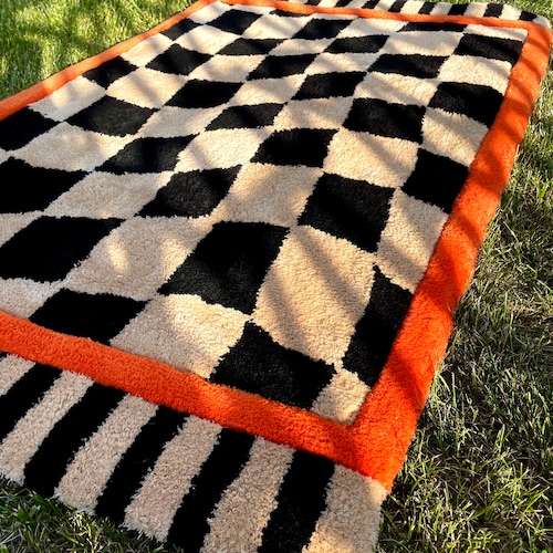 Checkered Handtufted Modern Rug, %100 Handmade, Personalized Punch shops Needle Carpet, Black/Orange Checkered Special Rug, Custom Rug for Gift