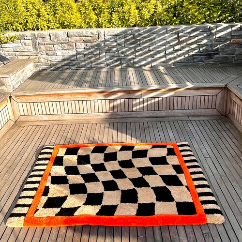 Checkered Handtufted Modern Rug, %100 Handmade, Personalized Punch shops Needle Carpet, Black/Orange Checkered Special Rug, Custom Rug for Gift