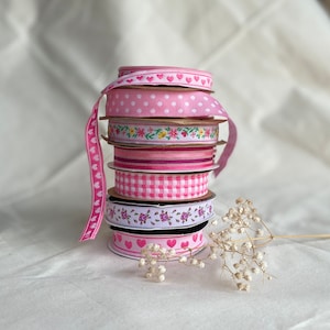 Pink Hearts Ribbon, Jacquard Ribbon, Webbing Ribbon, Star Pattern, Pink, Craft, DIY