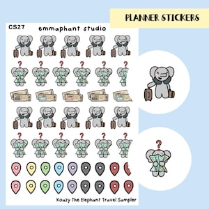 May include: A sheet of planner stickers titled Koazy The Elephant Travel Sampler featuring rows of gray cartoon elephants with suitcases, elephants holding maps with question marks, travel tickets, and colorful teardrop-shaped location pins.