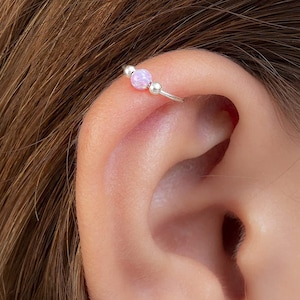 Opal Silver Helix Hoop, Purple Opal Silver Cartilage Earring, 20 Guage Sterling Silver Piercing Hoop.