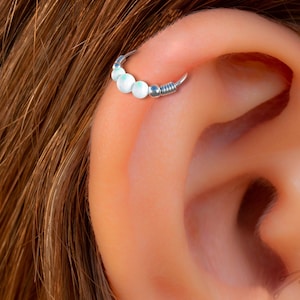 Thin Silver Helix - Delicate and Comfortable 925 Sterling Silver Hoop with White Opals - Trendy 20Gauge 7mm Cartilage Piercing Jewelry Hoops