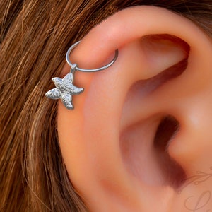 Silver Cartilage Helix Earring - Handmade 925 Silver Piercing Hoop With a Tiny Starfish Charm - Hypoallergenic 20 gauge 8mm Piercing Jewelry