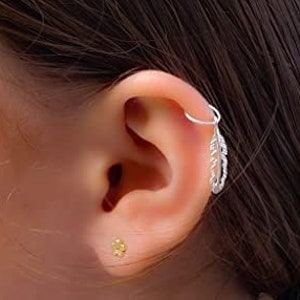 Tiny Silver Hollow Feather Cartilage Helix Piercing - 20 gauge Helix Hoop with a small Dangle Charm - 8mm Hypoallergenic Cartilage Hoop