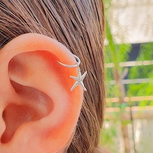 Tiny Silver Starfish Cartilage Helix Piercing - 20 gauge Helix Hoop with a small Dangle Charm - 8mm Hypoallergenic Cartilage Hoop