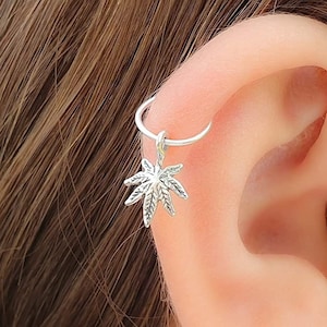 Handmade Silver Maple Leaf Cartilage Helix Piercing - 20 gauge Helix Hoop with a small Dangle Charm - Tiny 8mm Hypoallergenic Cartilage Hoop