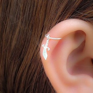 Tiny Silver Sword Cartilage Helix Piercing - 20 gauge Helix Hoop with a small Dangle Charm - 8mm Hypoallergenic Cartilage Hoop