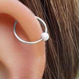 Opal Gold Helix Hoop, White Opal 14k Gold Filled Cartilage Earring, 20 Guage Gold Piercing Hoop.