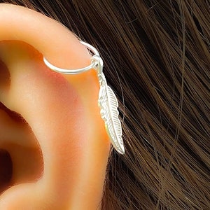 Feather Cartilage Earring Sterling Silver Earrings, Silver Tribal Helix Hoop piercing Feather Jewelry