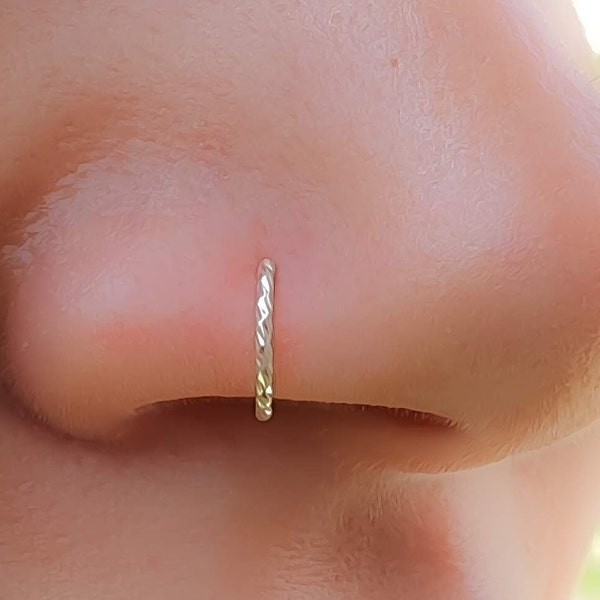 Tiny Hammered Silver Nose Ring 20 Gauge - 925 Silver Snug Nose Piercing Hoop - Handmade Nose Jewelry