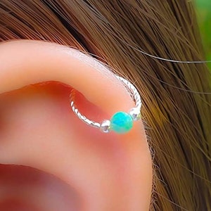 Silver Green Opal Helix Earring Hoop - 925 Sterling Silver Green Opal Cartilage Earring ring,Opal Helix piercing Hoop Ear Jewelry