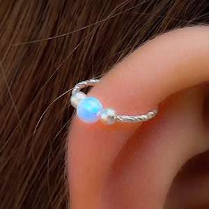 Opal Helix Earring Hoop - 925 Sterling Silver Light Blue Opal Cartilage Earring ,Opal Helix piercing Hoop Ear Jewelry