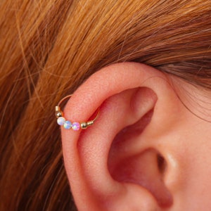 Colorful Gold Helix - Delicate and Comfortable 14k Gold Hoop with Opals - Trendy 24Gauge 8mm Cartilage Piercing Jewelry