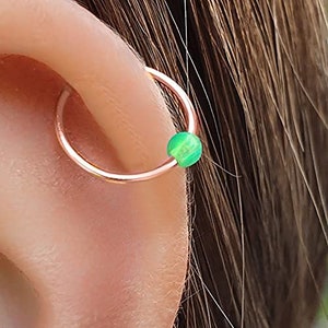 20 Gauge Helix Hoop, Rose gold Filled Cartilage Piercing Hoop, 8mm rose gold Hoop Earring, Green Opal Helix Piercing Earring Green Rose Gold