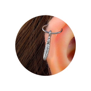 Tiny Silver Long Feather Cartilage Helix Piercing - 20 gauge Helix Hoop with a small Dangle Charm - 8mm Hypoallergenic Cartilage Hoop