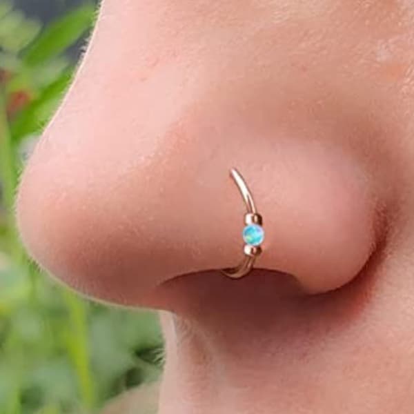 Fake Nose Ring with Blue Opal Rose Gold Filled, 24 Gauge Non Piercing Jewelry 7-8mm Diameter Clip On Nose Ring, Handmade