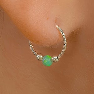 Silver Hoop Earrings Dainty Hoop Earrings with Green 3mm Opal - Small 20G Cartilage Earring Nose Piercing Helix Hoop Ring A Pair Of 2 earrin