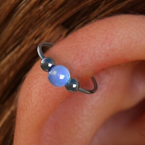 Opal Black Silver Helix Hoop, 3mm Blue Opal 925 sterling Silver Cartilage Earring, 20 Guage Black Piercing Hoop