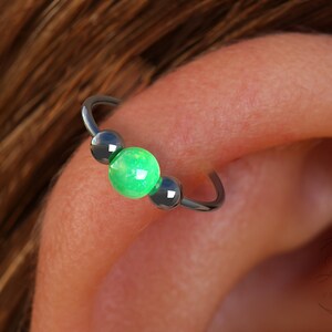 Opal Black Silver Helix Hoop, 3mm Green Opal 925 sterling Silver Cartilage Earring, 20 Guage Black Piercing Hoop.