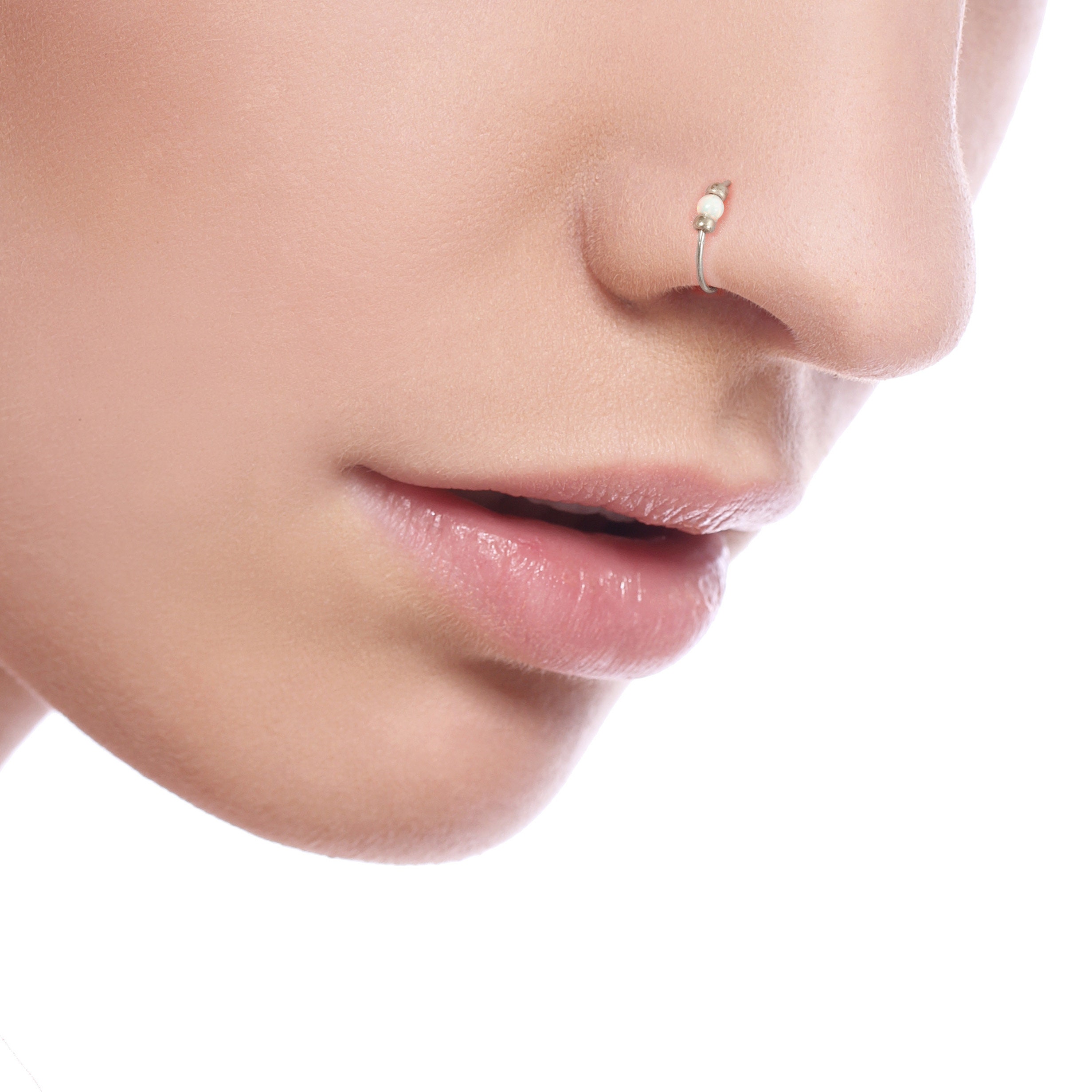 Thin Nose Ring White Opal 24 Gauge 925 Silver Tiny Nose Piercing Hoop Handmade, Hypoallergenic