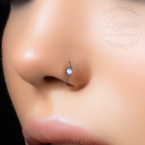 Small Nose Ring Hoop Black Silver Nose Ring 24G With 2mm blue Opal 925 Sterling Silver