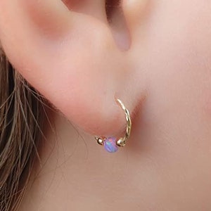 14k Gold Filled Nose Hoop Earring with Tiny Pink Opal 3mm - 24G Cartilage Earring Septum Ring, 10mm Hoop Diameter Handmade Piercing Jewelry