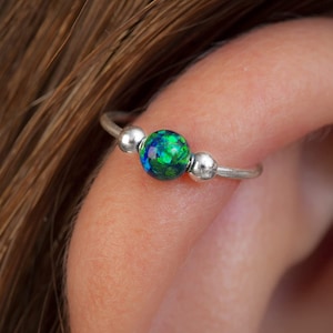 Opal Silver Helix Hoop, Dark Green Opal Silver Cartilage Earring, 20 Guage Sterling Silver Piercing Hoop.