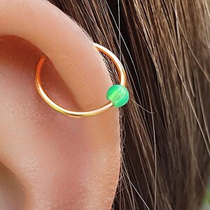 20 Gauge green opal earring 14k Gold Filled Helix Hoop 9mm gold Hoop Earring, Helix piercing Earrings (Green, gold-filled)