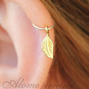 Handmade Gold Leaf Cartilage Helix Piercing - 20 gauge Helix Hoop with a small Dangle Charm - Tiny 8mm Hypoallergenic Cartilage Hoop
