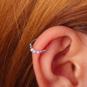 Colorful Silver Helix - Delicate and Comfortable 925 Sterling Silver Hoop with Opals - Trendy 24Gauge 8mm Cartilage Piercing Jewelry