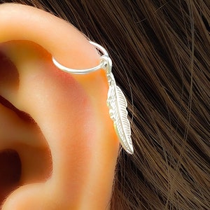 Handmade Silver Leaf Cartilage Helix Piercing - 20 gauge Helix Hoop with a small Dangle Charm - Tiny 8mm Hypoallergenic Cartilage Hoop