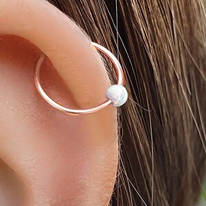 Helix Rose Gold Filled White Opal Cartilage Nose Ring - 20 Gauge with 8-9mm Hoop Diameter - Perfect Piercing Jewelry for Women and Men