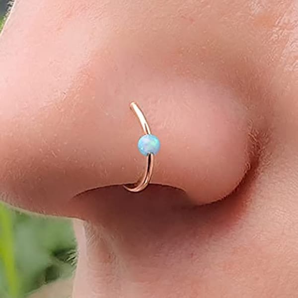 Rose Gold Blue Opal Nose Hoop 7 mm Rose Gold Hoop Earring 20 Gauge - Helix Piercing Earrings