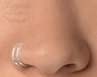 Spiral Nose Ring Hoop 925 Silver Hammered - Twisted Nose Hoop Fake Double Nose Piercing Hoop