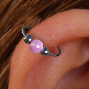 Opal Black Silver Helix Hoop, 3mm Pink Opal 925 sterling Silver Cartilage Earring, 20 Guage Black Piercing Hoop