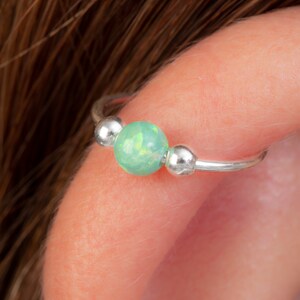 Opal Silver Helix Hoop, Green Opal Silver Cartilage Earring, 20 Gauge Sterling Silver Piercing Hoop.