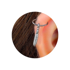 Cartilage Earring Native American Feather Piercing Earring Sterling Silver,Ear ring, Silver Tribal Helix Hoop piercing Feather Hoop