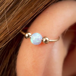 Opal Gold Helix Hoop, Light Blue Opal 14k Gold Filled Cartilage Earring, 20 Guage Gold Piercing Hoop.