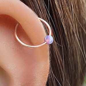 20 Gauge Helix Hoop,Rose gold Filled Cartilage Piercing Hoop, 8mm rose gold Hoop Earring, Pink Opal Helix piercing Earrings (pink, rose-gold