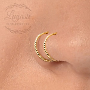 Spiral Gold Nose Ring Hoop For Women - Twisted 14K Gold Filled 20 Gauge Double Nose Piercings