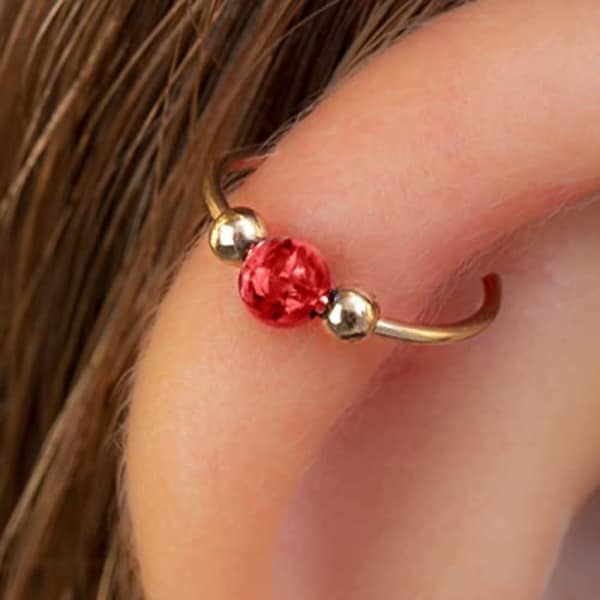 Opal Gold Helix Hoop, Red Opal 14k Gold Filled Cartilage Earring, 20 Guage Gold Piercing Hoop.