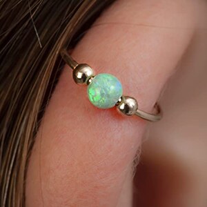 Opal Gold Helix Hoop, Green Opal 14k Gold Filled Cartilage Earring, 20 Guage Gold Piercing Hoop.