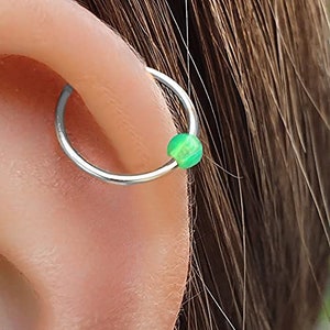 20 Gauge opal earring 925 sterling silver Helix Hoop 9mm silver Hoop Earring, Helix piercing Earrings (Green, sterling-silver)