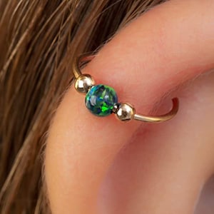 Opal Gold Helix Hoop, Dark Green Opal 14k Gold Filled Cartilage Earring, 20 Guage Gold Piercing Hoop