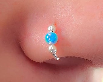Fake Nose Ring Hoop Faux Piercings - 20G Opal Nose Non Piercing ring - 925 sterling silver Light Blue Opal Face Nose ring