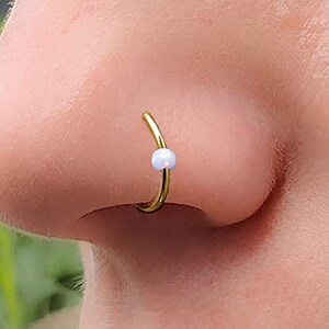 14k Gold Filled White Opal Nose Ring - 20 Gauge Cartilage Earring with 8-9mm Hoop Diameter - Perfect Piercing Jewelry for Women and Men