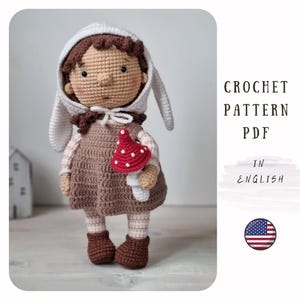 Crochet Bunny Doll Pattern: Amigurumi Girl with Mushroom (PDF)