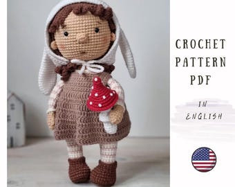 Crochet pattern for Girl bunny doll PDF, Crochet doll pattern, Amigurumi doll with bunny hat, Crochet bunny girl tutorial