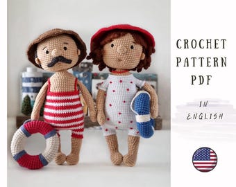 Сrochet pattern dolls, set 2 in 1, summer dolls, pattern amigurumi swimmer dolls, PDF crochet pattern beach dolls, toy pattern