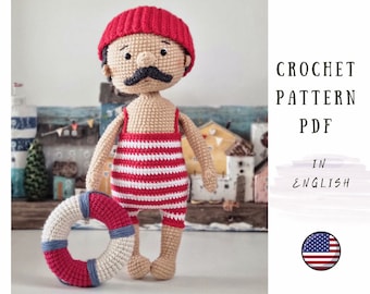 Crochet pattern for swimmer doll, crochet man, PDF English amigurumi doll pattern